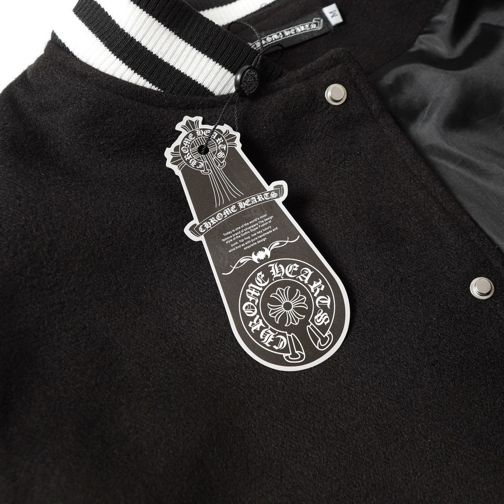 Chrome Hearts Cross Embroidered Leather Sleeve Varsity Jacket - Black Street Style 116